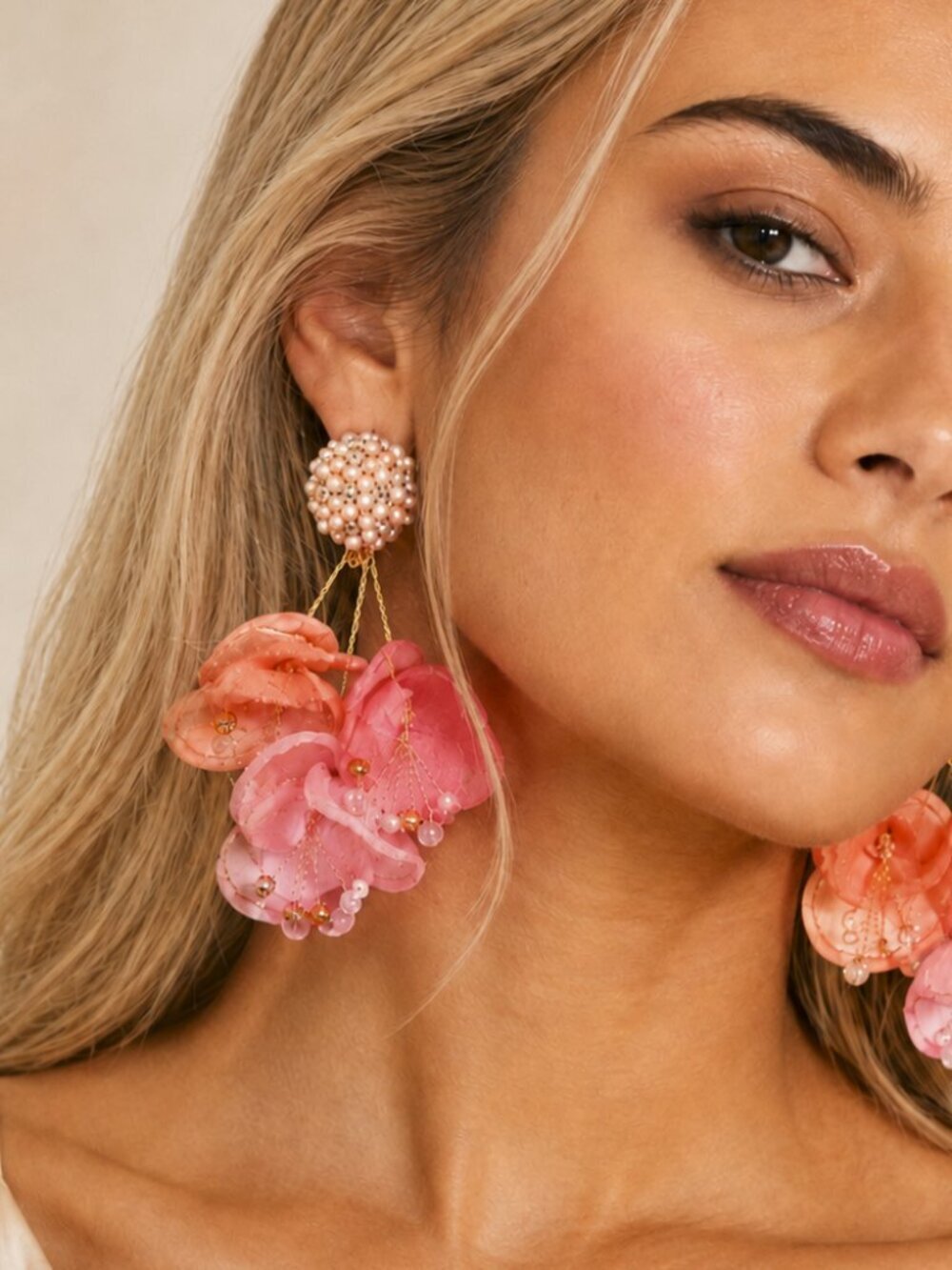 Light Purple & Pink Statement Earrings Pearl Rhinestone Flower Drop Earrings